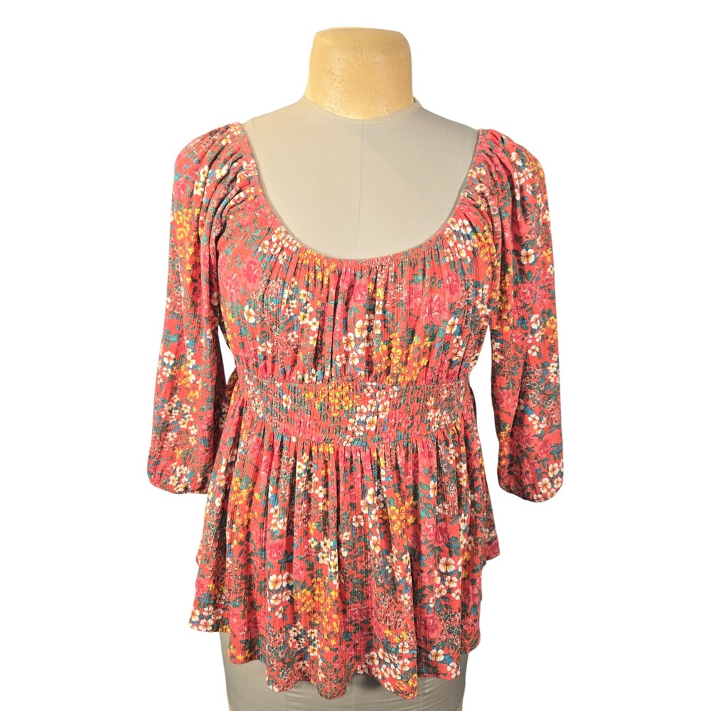 Torrid Floral Smocked Peplum Top Coral Pink‎ 3/4 Sleeve Blouse Size 0 Large 12